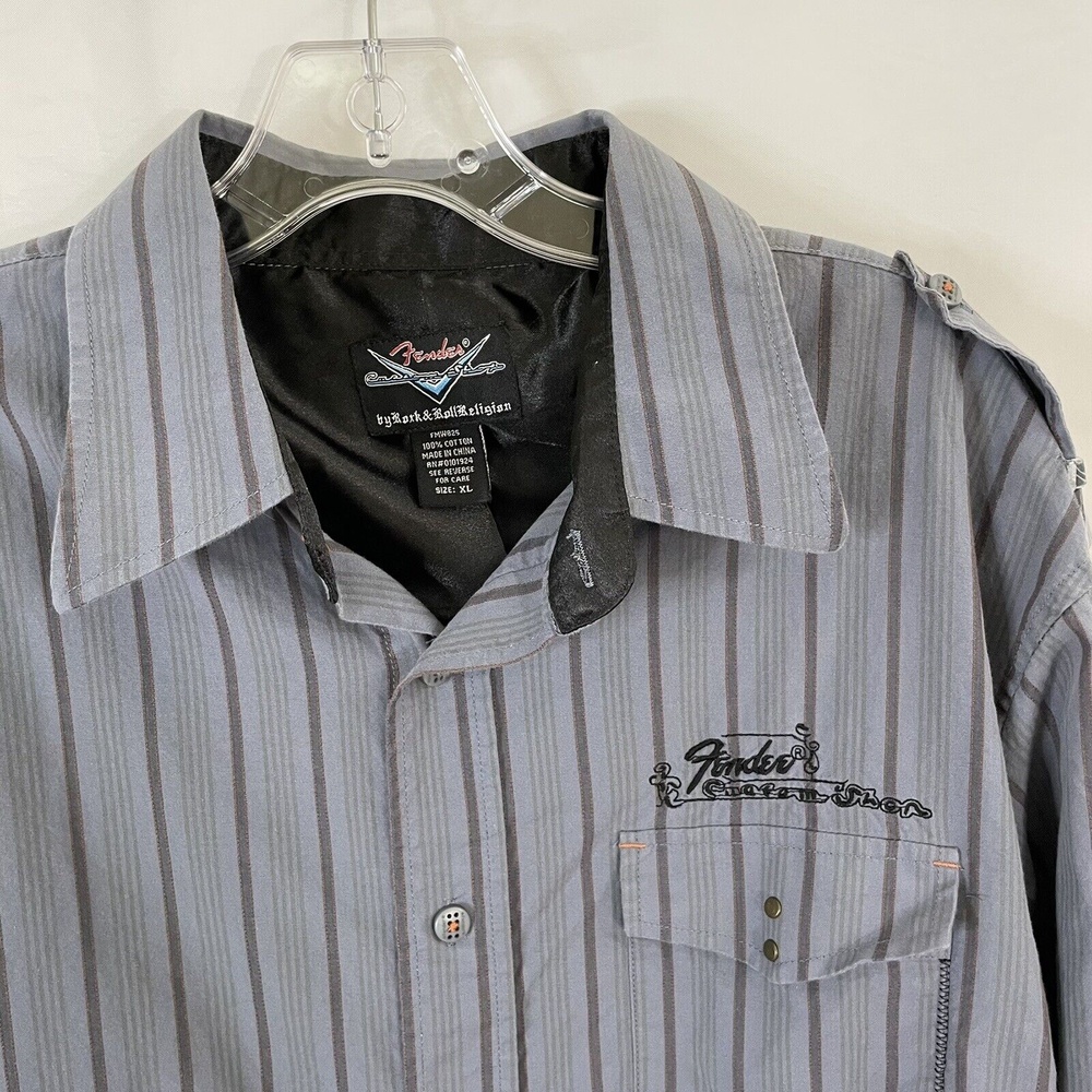 Fender Rock & Roll Religion Mens Blue Embroidered Button Up Shirt Guitar XL - Picture 5 of 8